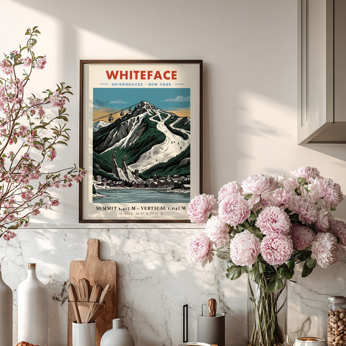 Poster of Whiteface in the Adirondacks featuring ski slopes, gondolas, and village buildings.