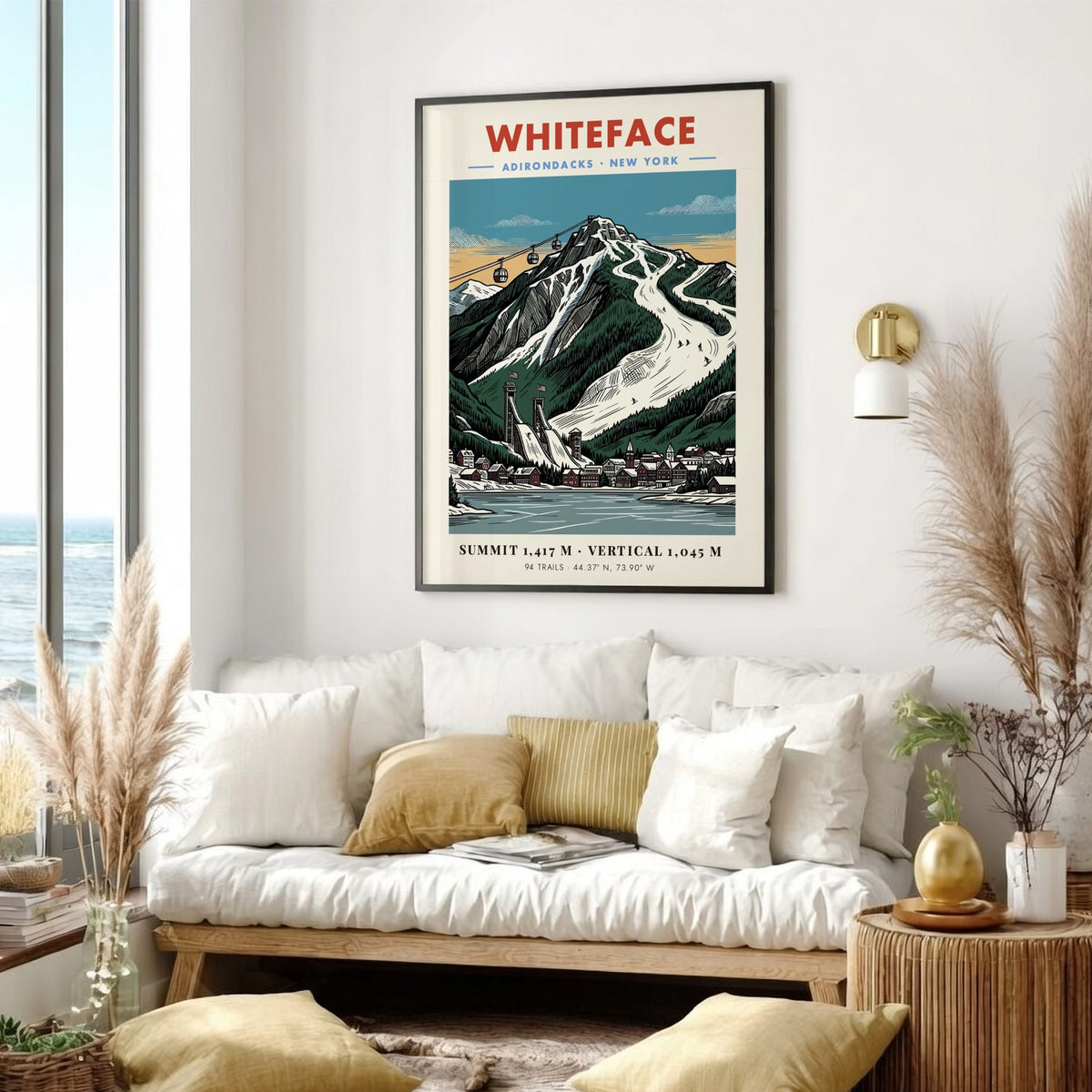 Poster of Whiteface in the Adirondacks featuring ski slopes, gondolas, and village buildings.