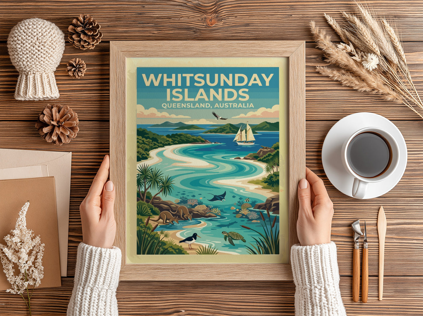 Whitsunday Islands travel poster featuring turquoise waters, kangaroos, sea turtles, and a sailing boat.