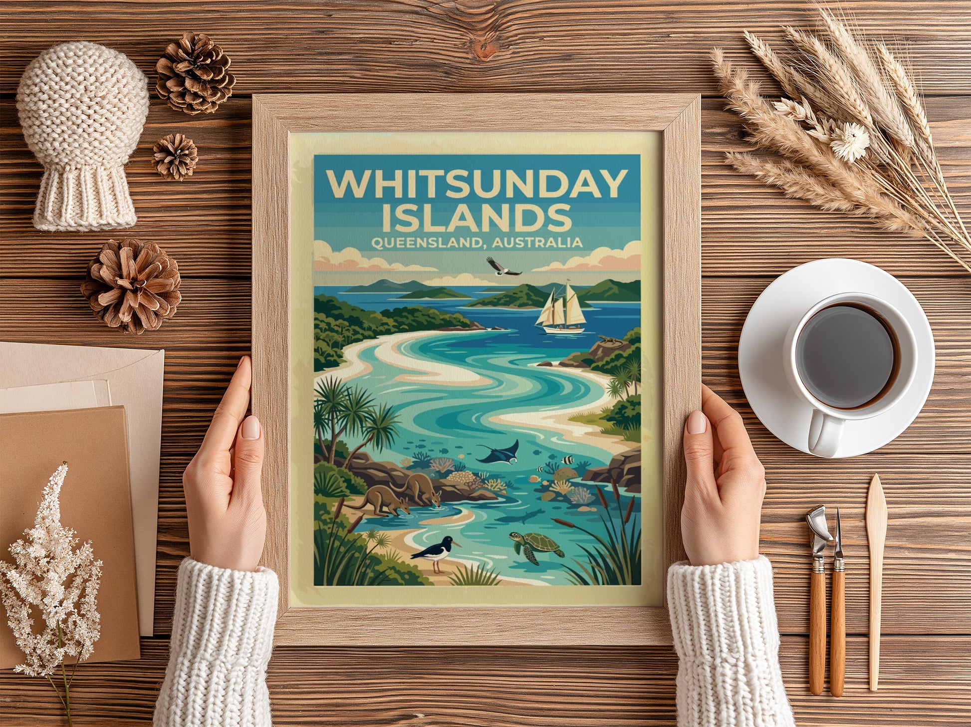 Whitsunday Islands travel poster featuring turquoise waters, kangaroos, sea turtles, and a sailing boat.