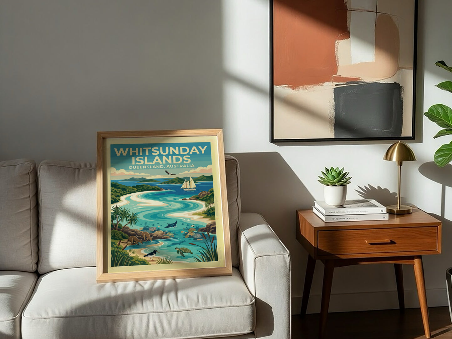 Whitsunday Islands travel poster featuring turquoise waters, kangaroos, sea turtles, and a sailing boat.