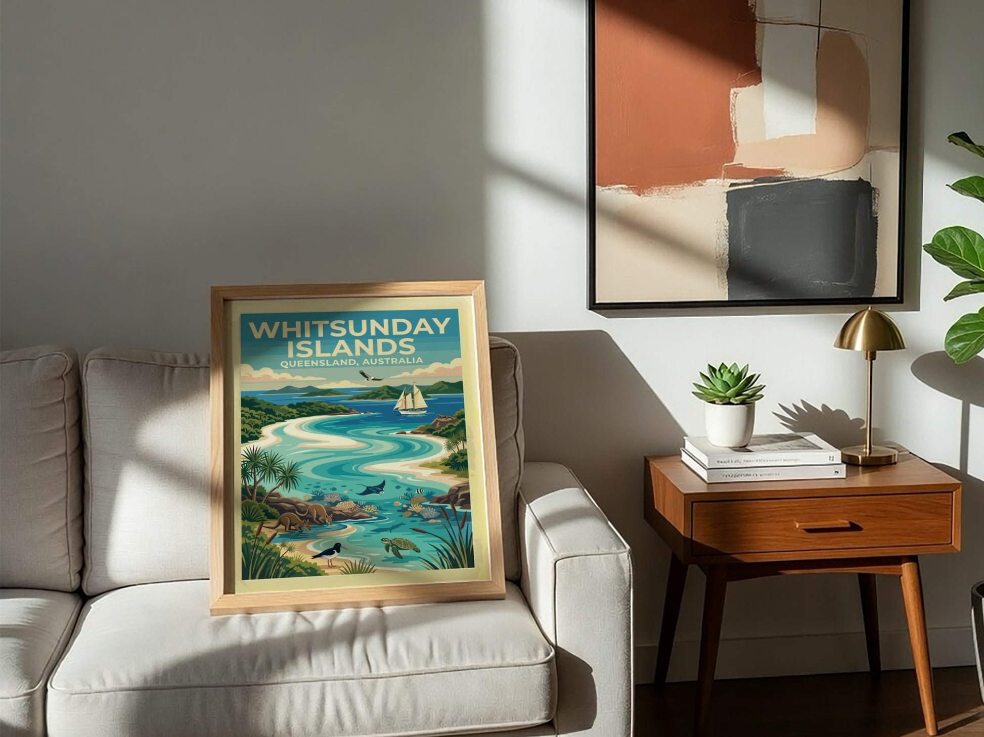 Whitsunday Islands travel poster featuring turquoise waters, kangaroos, sea turtles, and a sailing boat.