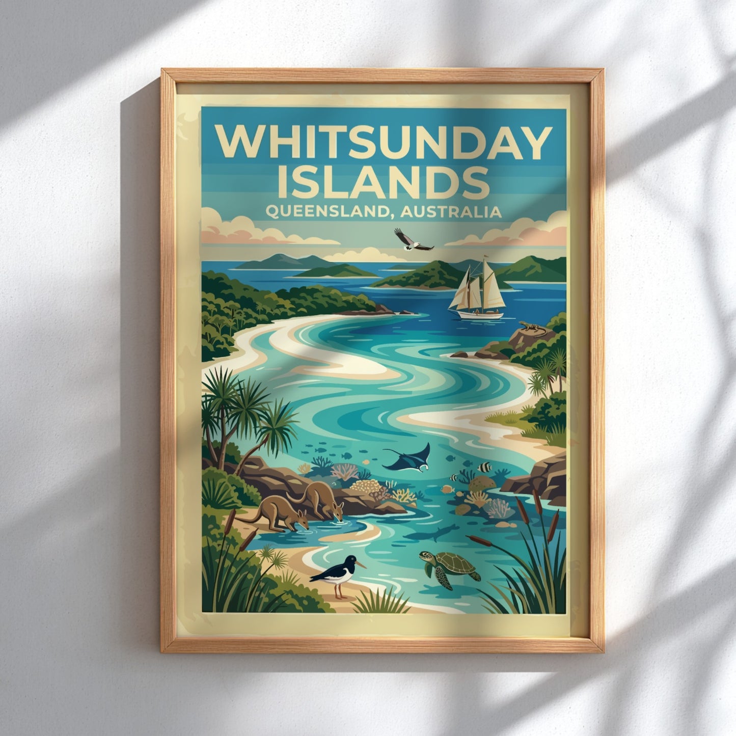 Whitsunday Islands travel poster featuring turquoise waters, kangaroos, sea turtles, and a sailing boat.