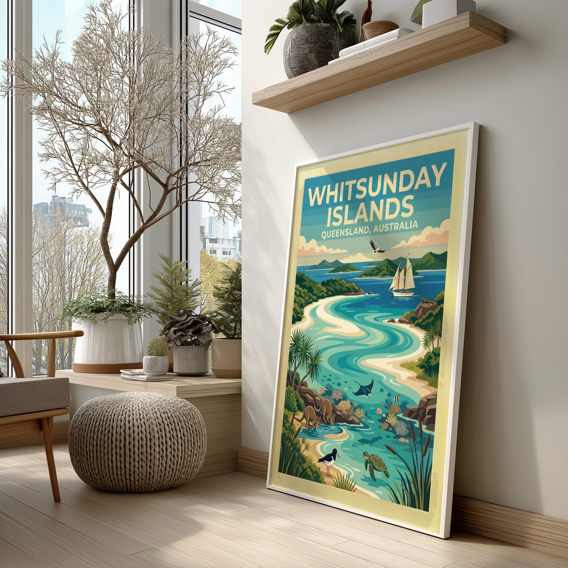 Whitsunday Islands travel poster featuring turquoise waters, kangaroos, sea turtles, and a sailing boat.