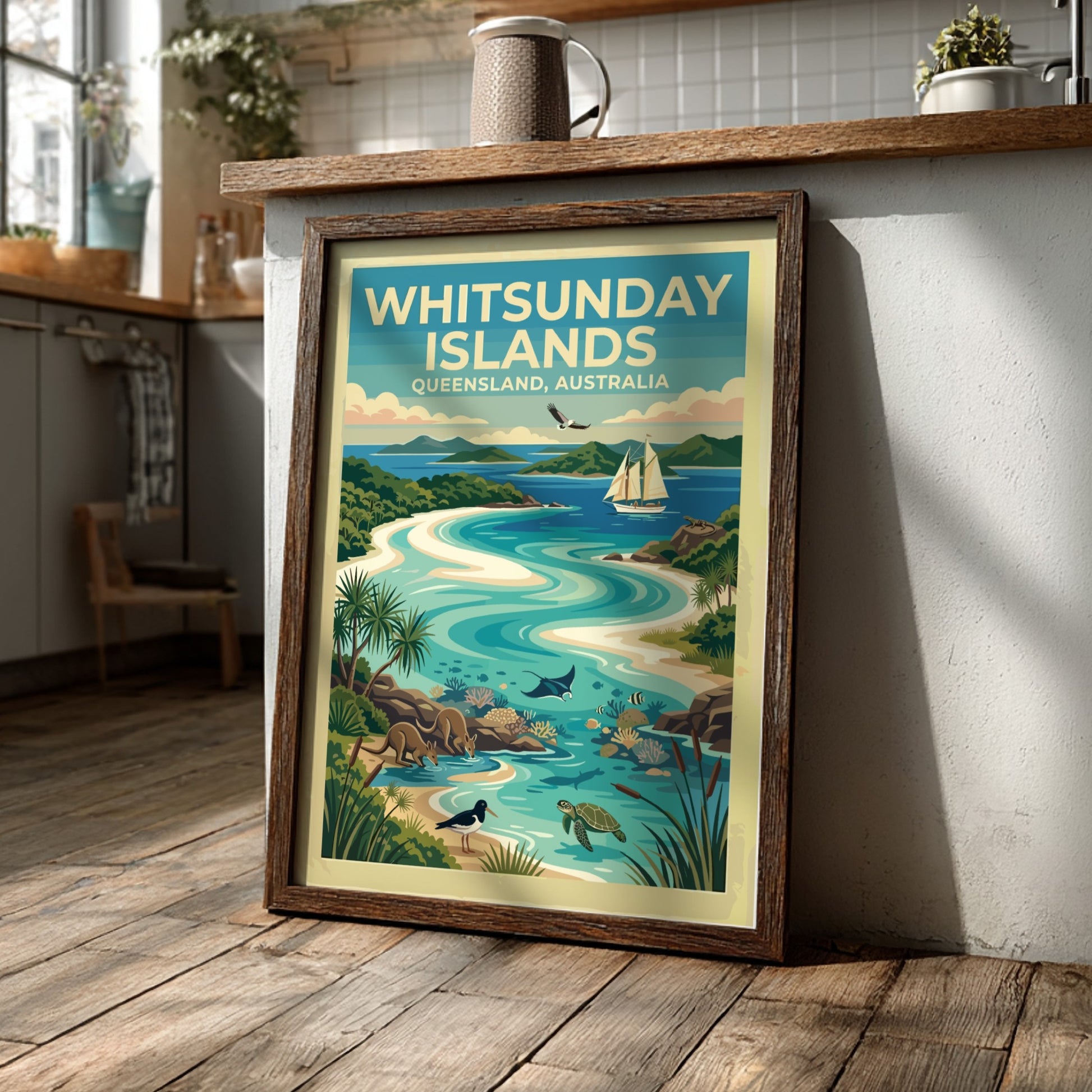 Whitsunday Islands travel poster featuring turquoise waters, kangaroos, sea turtles, and a sailing boat.