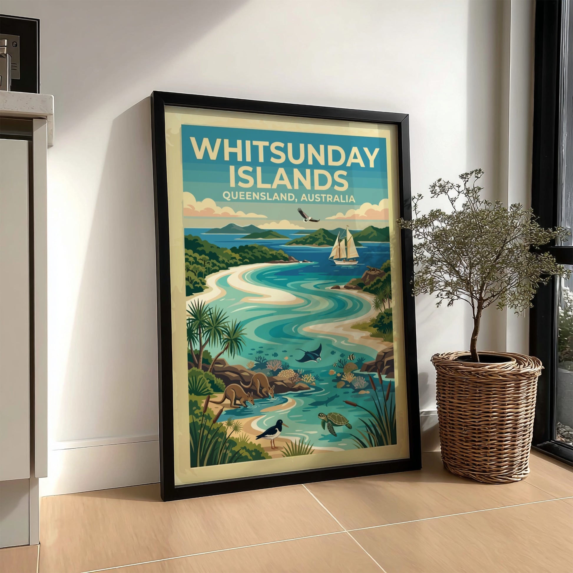 Whitsunday Islands travel poster featuring turquoise waters, kangaroos, sea turtles, and a sailing boat.
