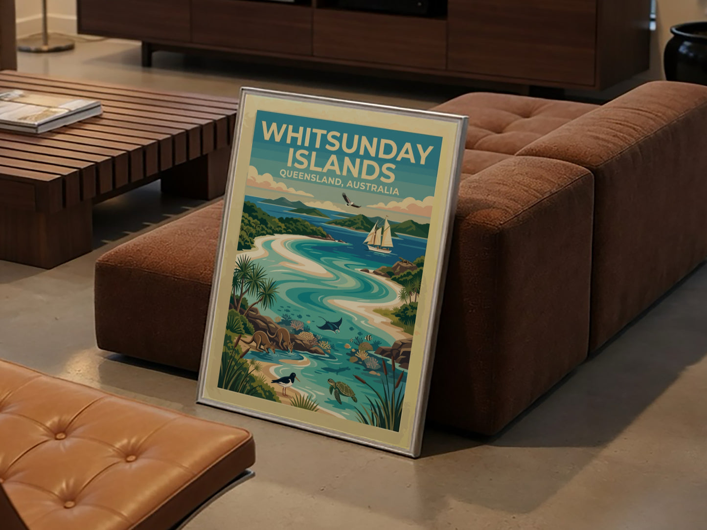 Whitsunday Islands travel poster featuring turquoise waters, kangaroos, sea turtles, and a sailing boat.