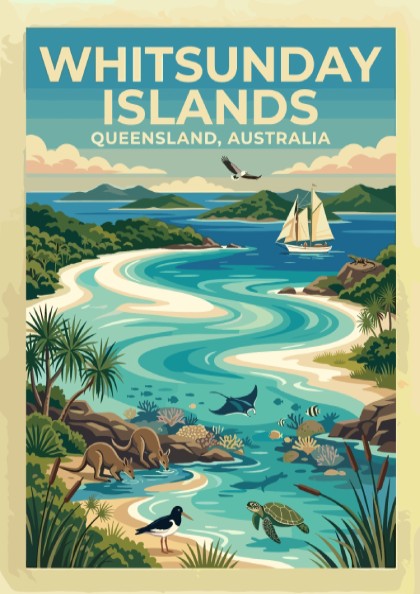 Whitsunday Islands travel poster featuring turquoise waters, kangaroos, sea turtles, and a sailing boat.