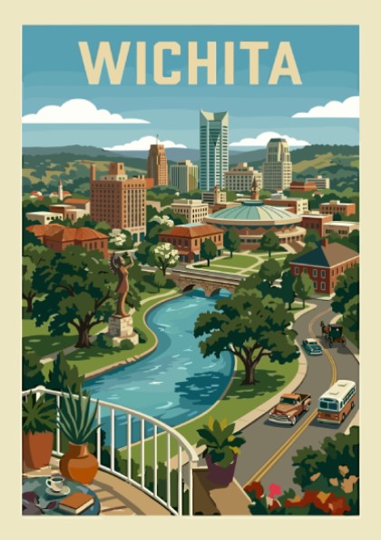 Wichita skyline poster with vintage art style, featuring buildings, river, and trees in a retro color palette.