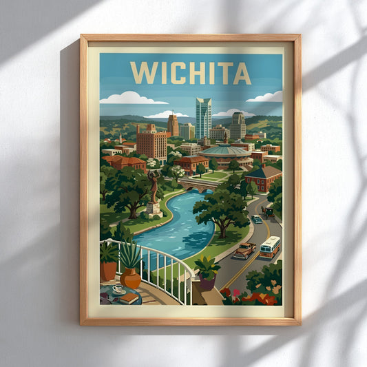 Wichita skyline poster with vintage art style, featuring buildings, river, and trees in a retro color palette.