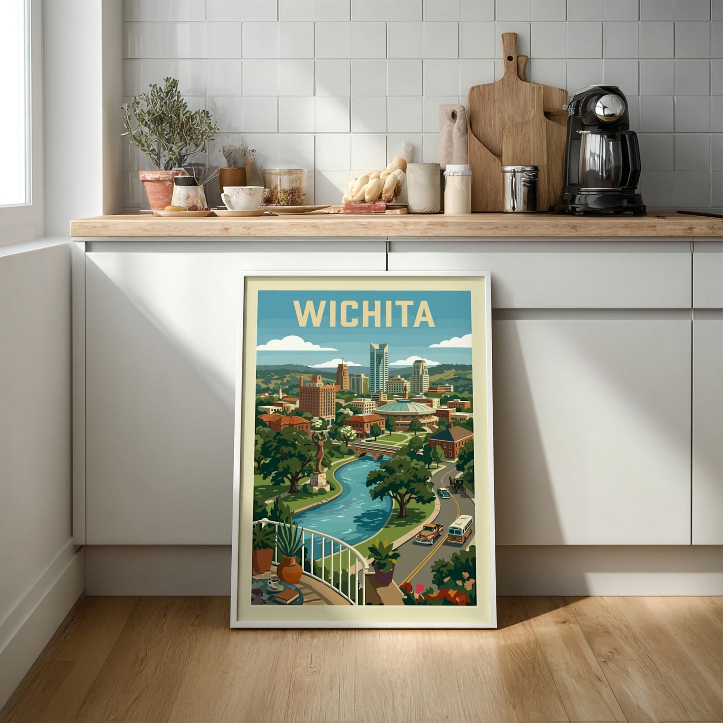 Wichita skyline poster with vintage art style, featuring buildings, river, and trees in a retro color palette.
