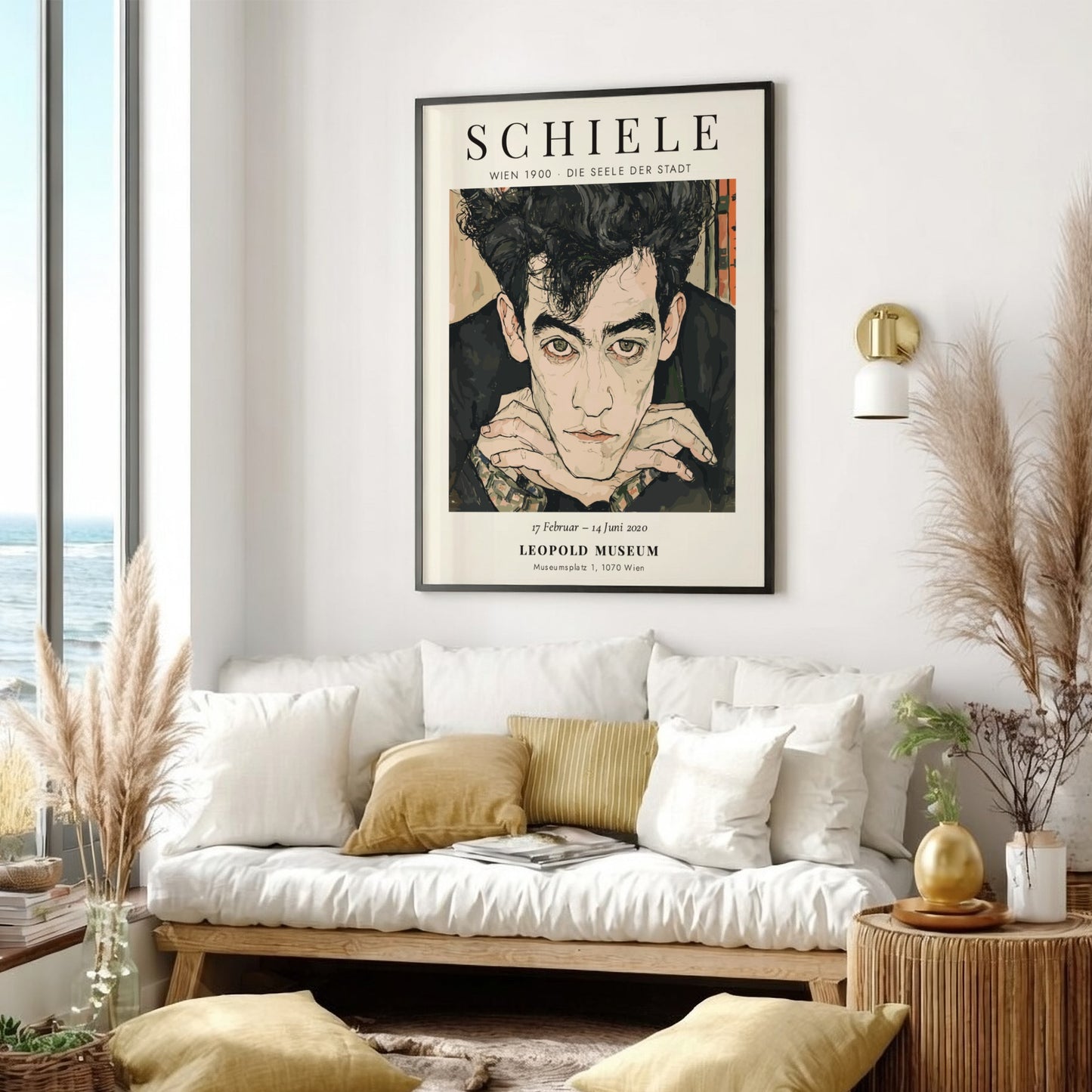 Egon Schiele exhibition poster featuring a portrait with expressive lines and muted colors
