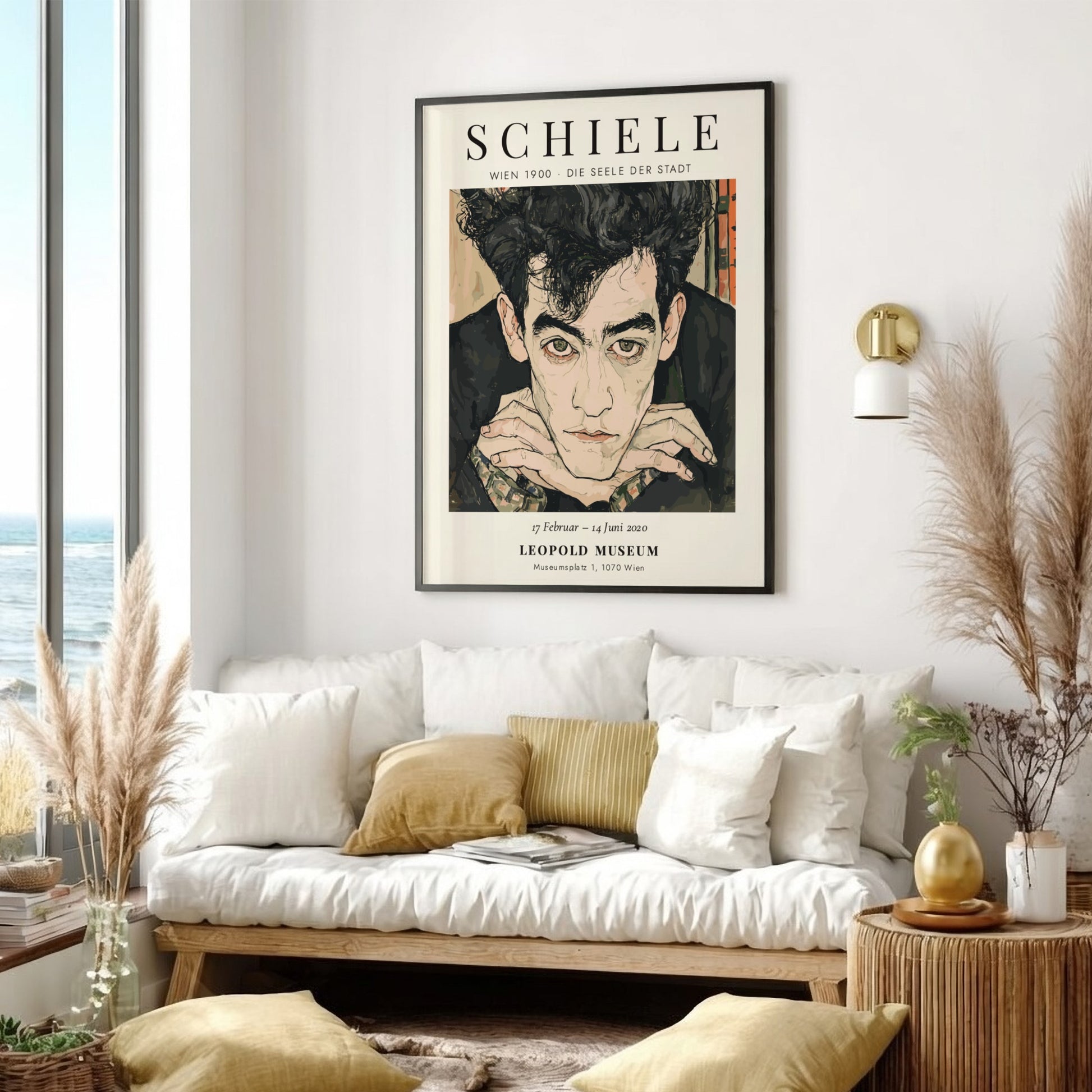 Egon Schiele exhibition poster featuring a portrait with expressive lines and muted colors