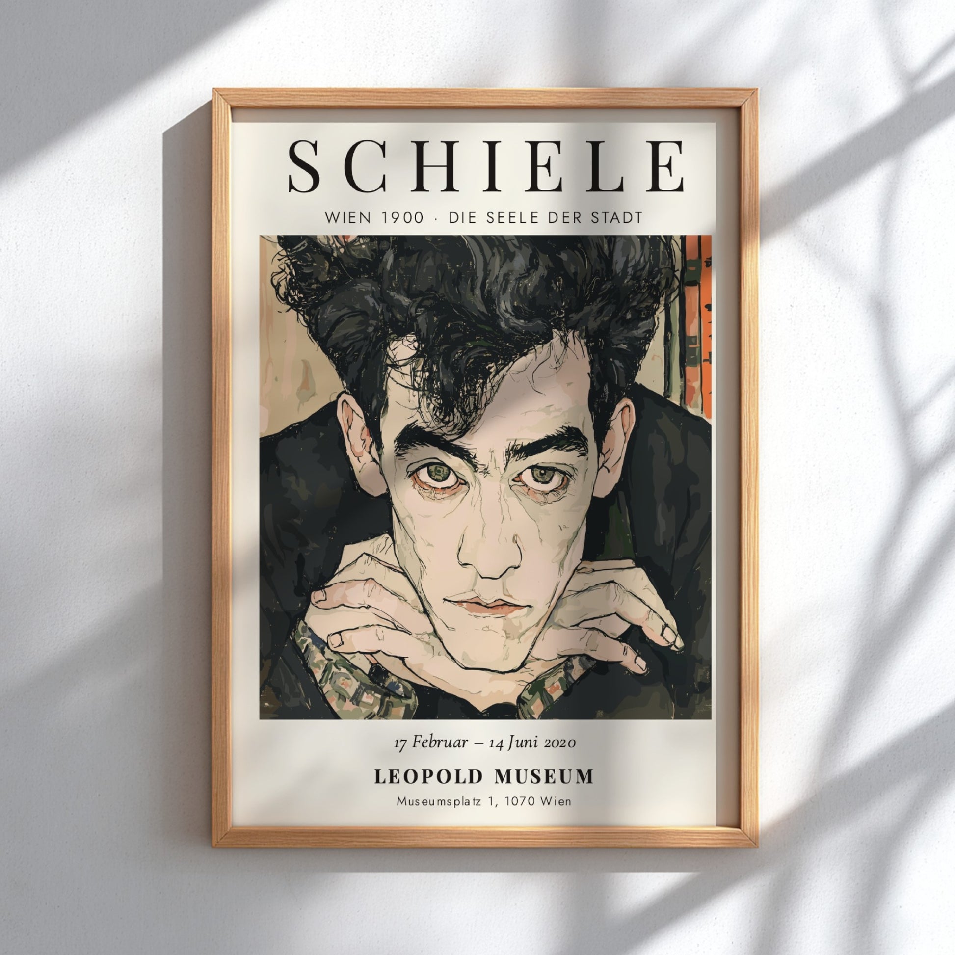 Egon Schiele exhibition poster featuring a portrait with expressive lines and muted colors