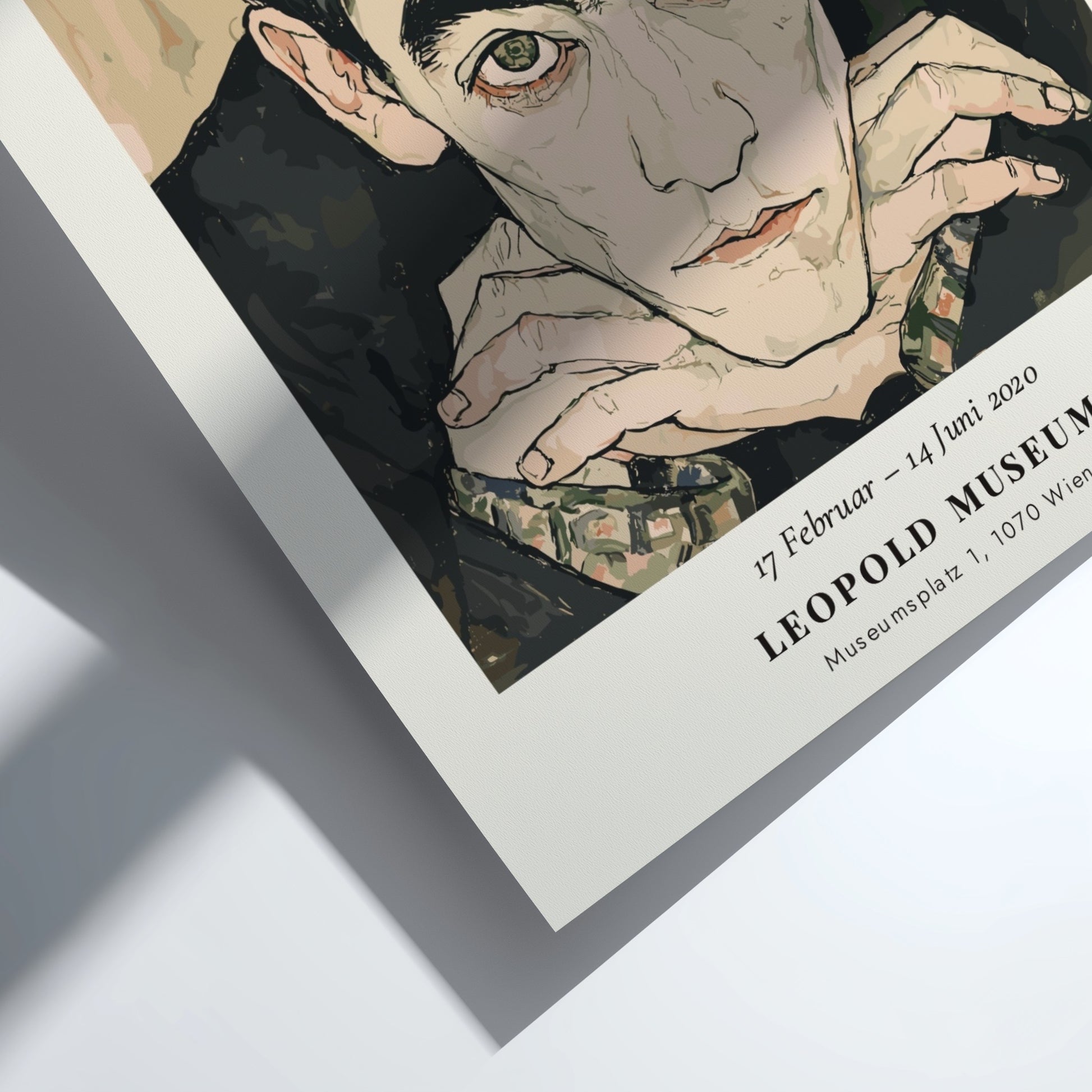 Egon Schiele exhibition poster featuring a portrait with expressive lines and muted colors