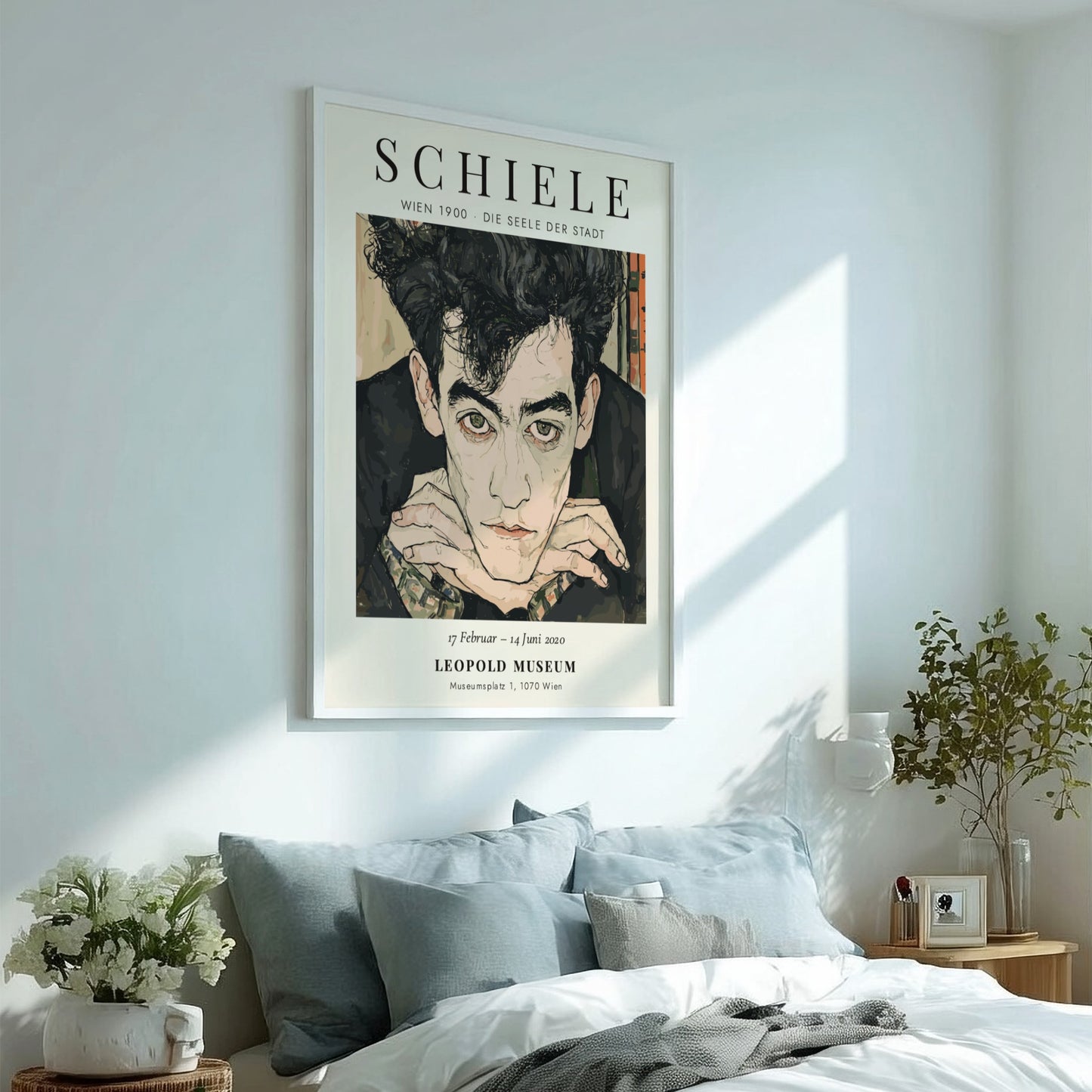 Egon Schiele exhibition poster featuring a portrait with expressive lines and muted colors