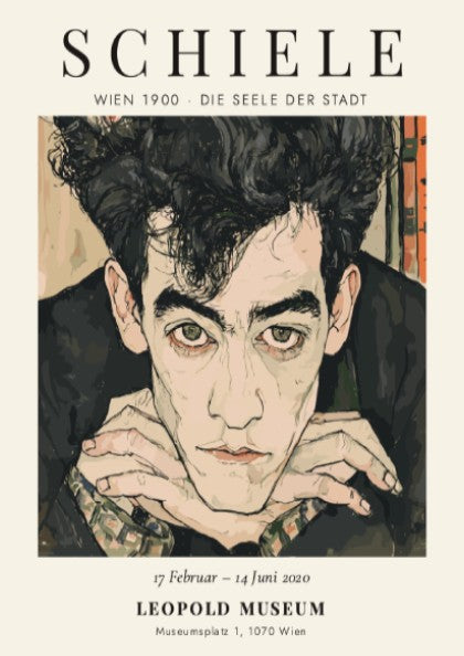 Egon Schiele exhibition poster featuring a portrait with expressive lines and muted colors