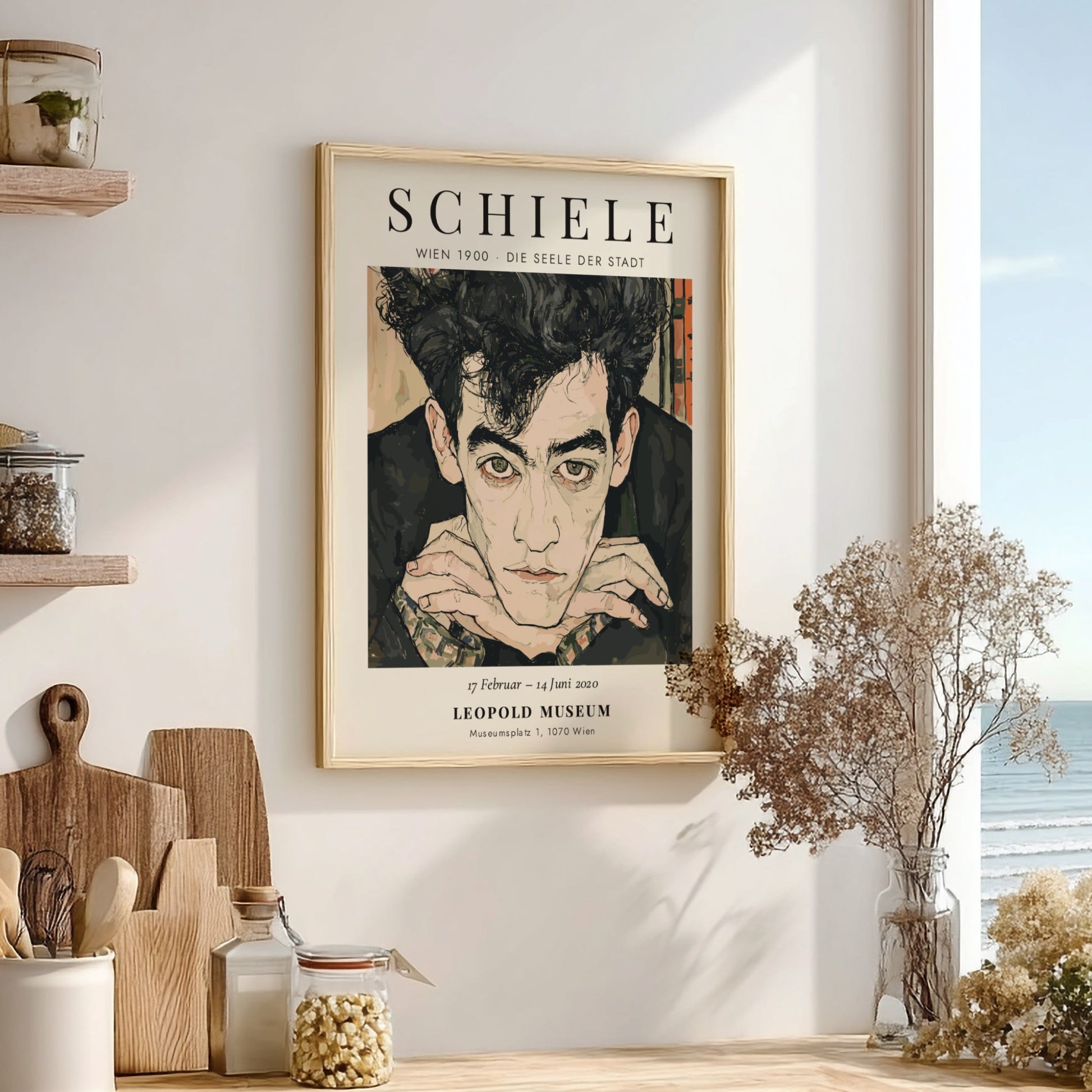 Egon Schiele exhibition poster featuring a portrait with expressive lines and muted colors