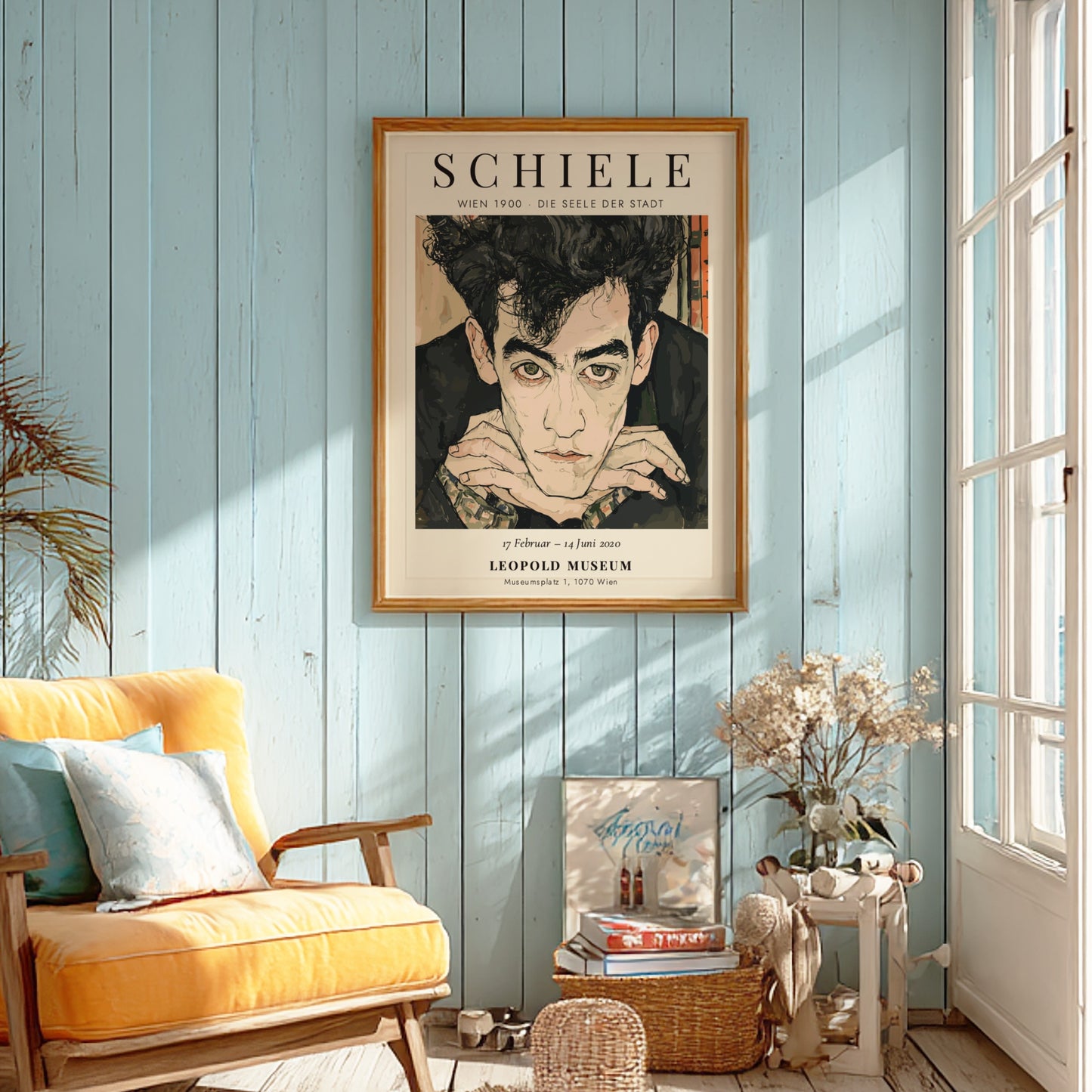 Egon Schiele exhibition poster featuring a portrait with expressive lines and muted colors