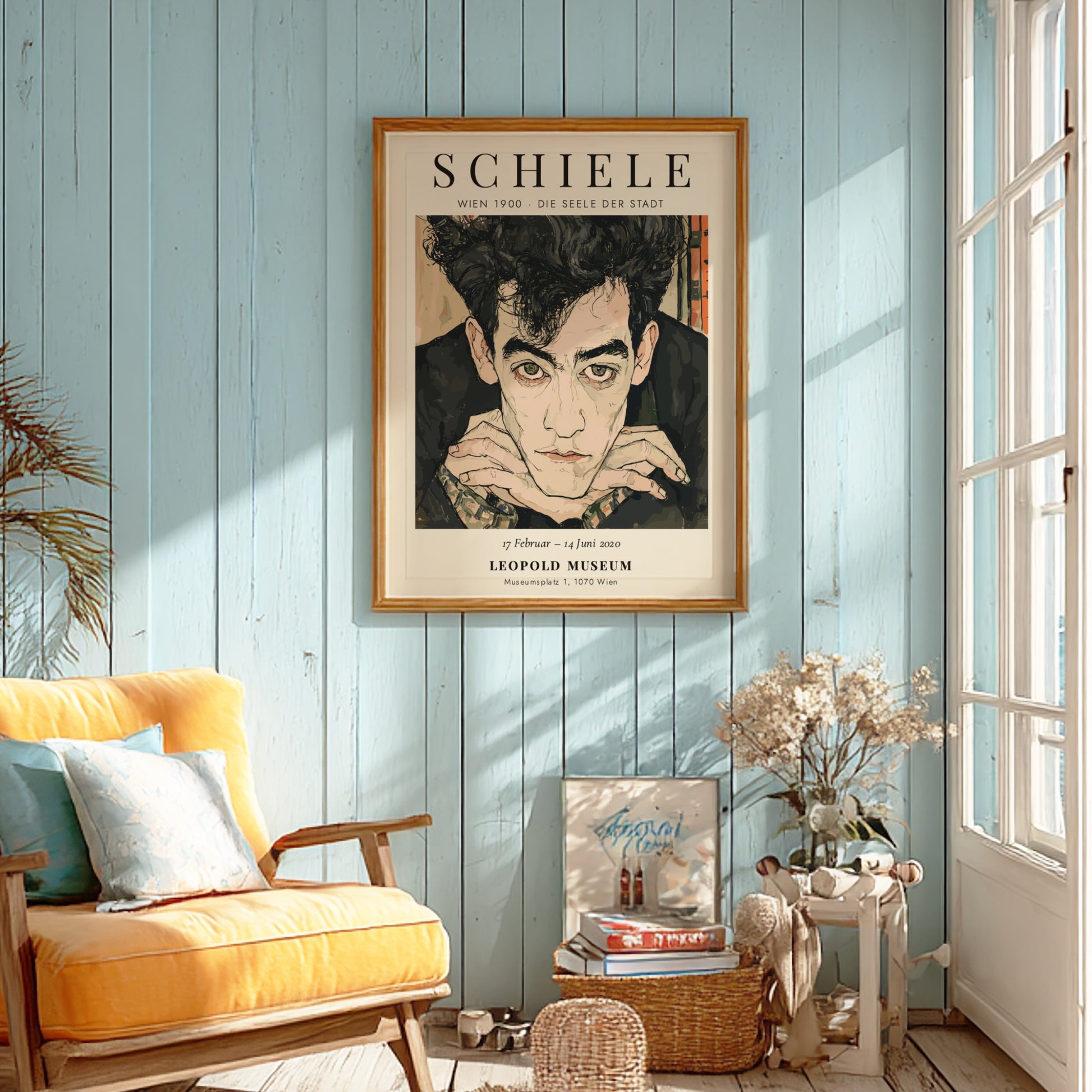 Egon Schiele exhibition poster featuring a portrait with expressive lines and muted colors