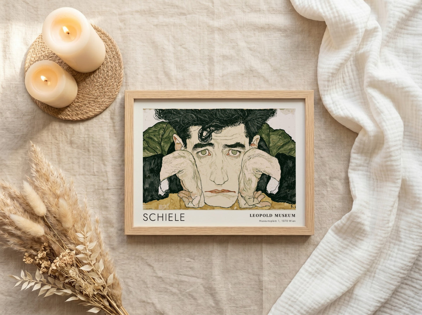 Wall art poster featuring Egon Schiele portrait with Leopold Museum text in wood frame