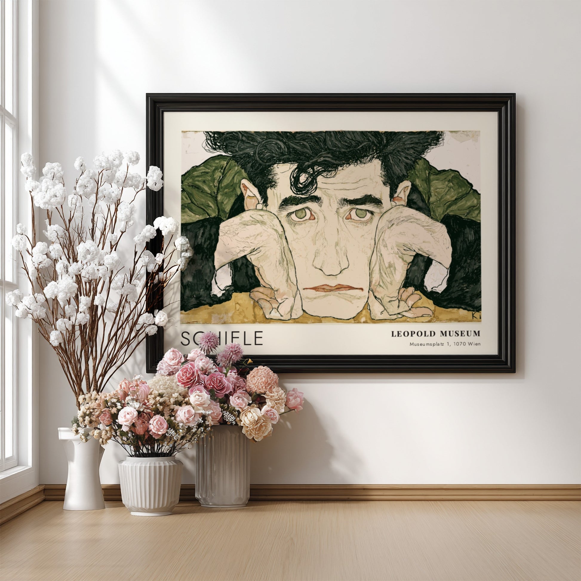 Wall art poster featuring Egon Schiele portrait with Leopold Museum text in wood frame