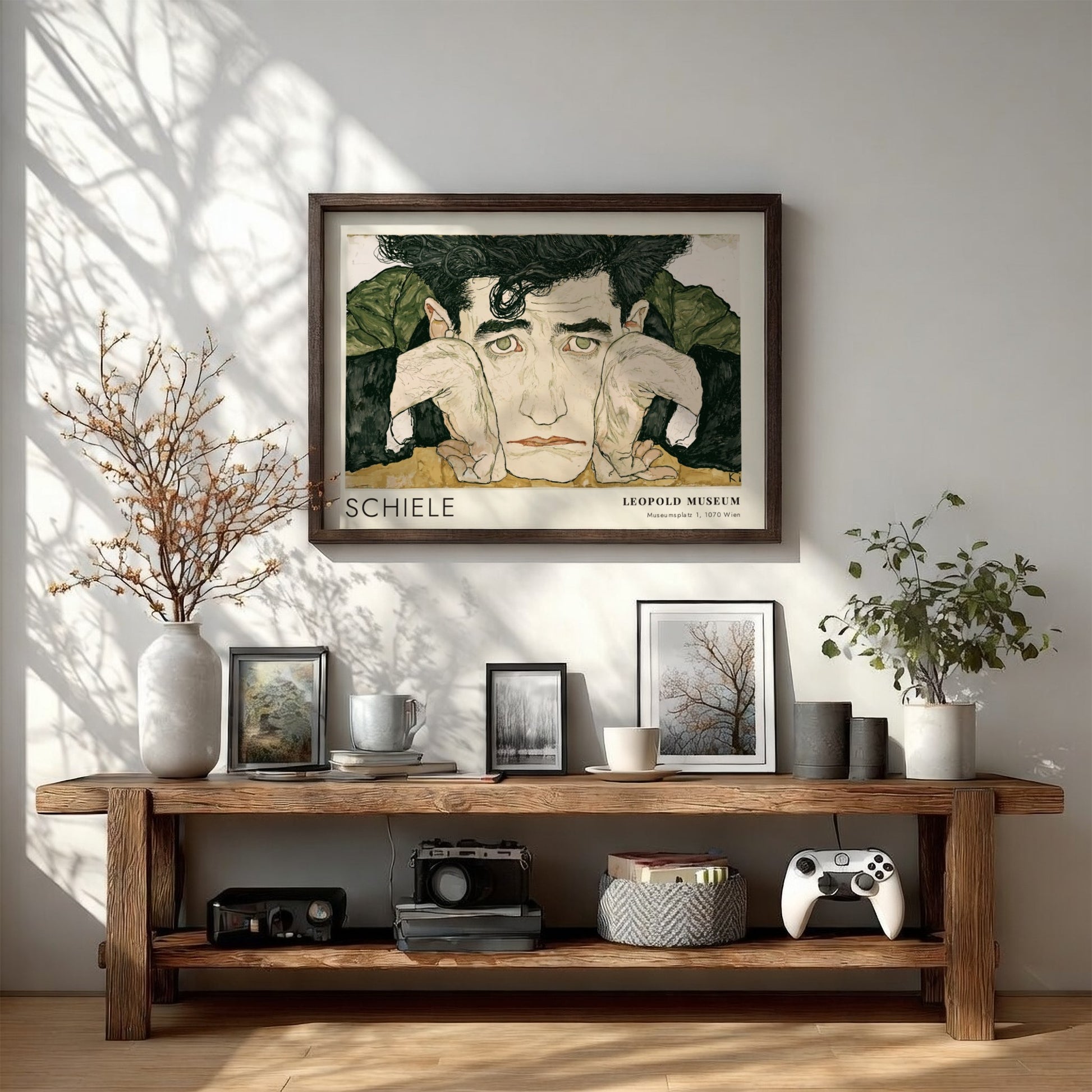 Wall art poster featuring Egon Schiele portrait with Leopold Museum text in wood frame