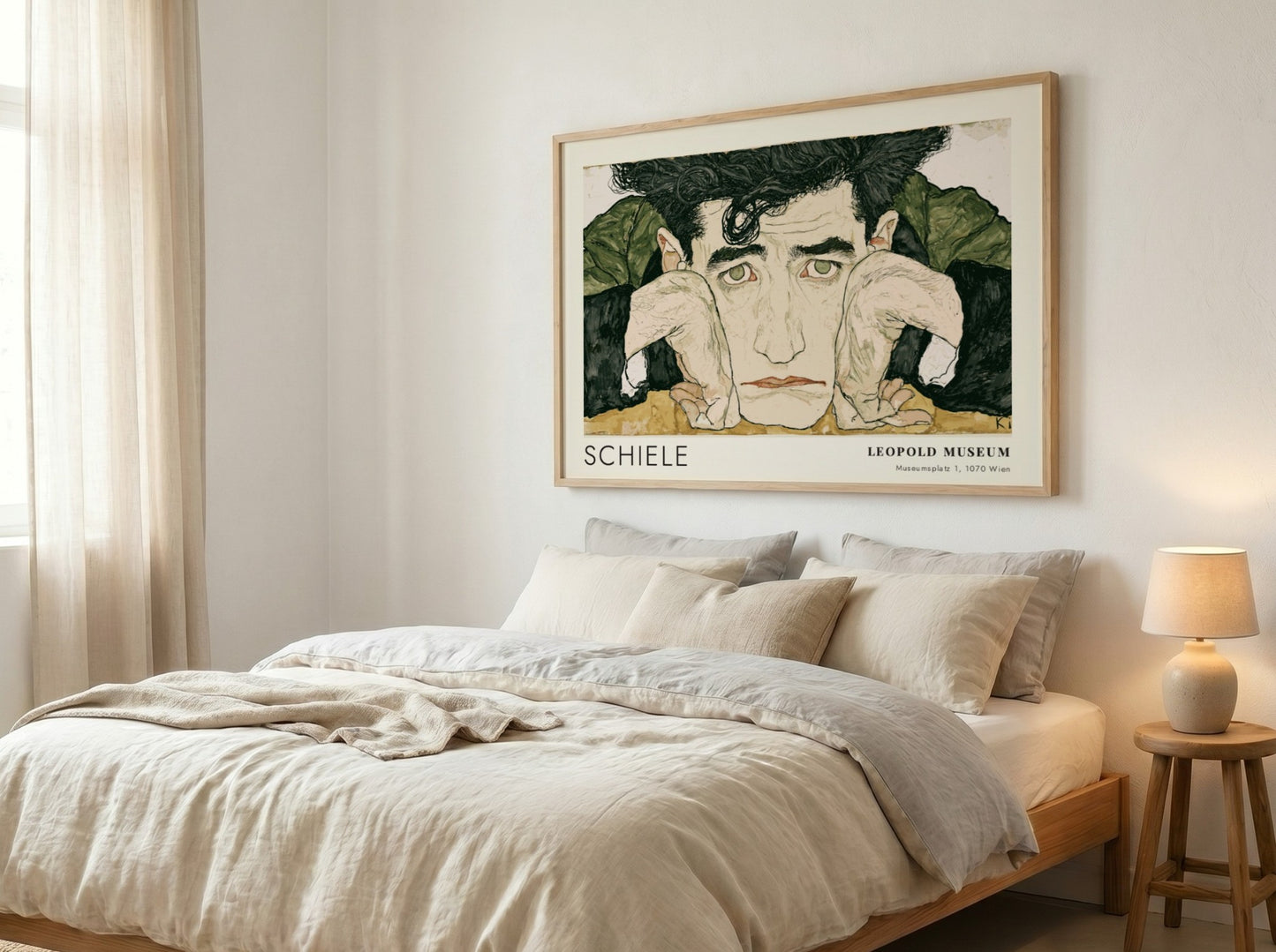 Wall art poster featuring Egon Schiele portrait with Leopold Museum text in wood frame