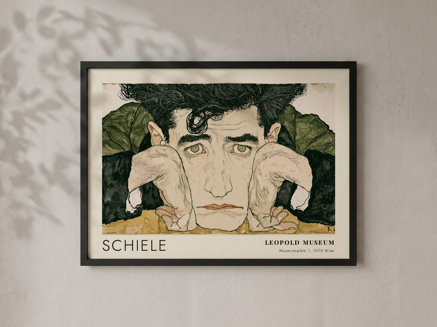 Wall art poster featuring Egon Schiele portrait with Leopold Museum text in wood frame