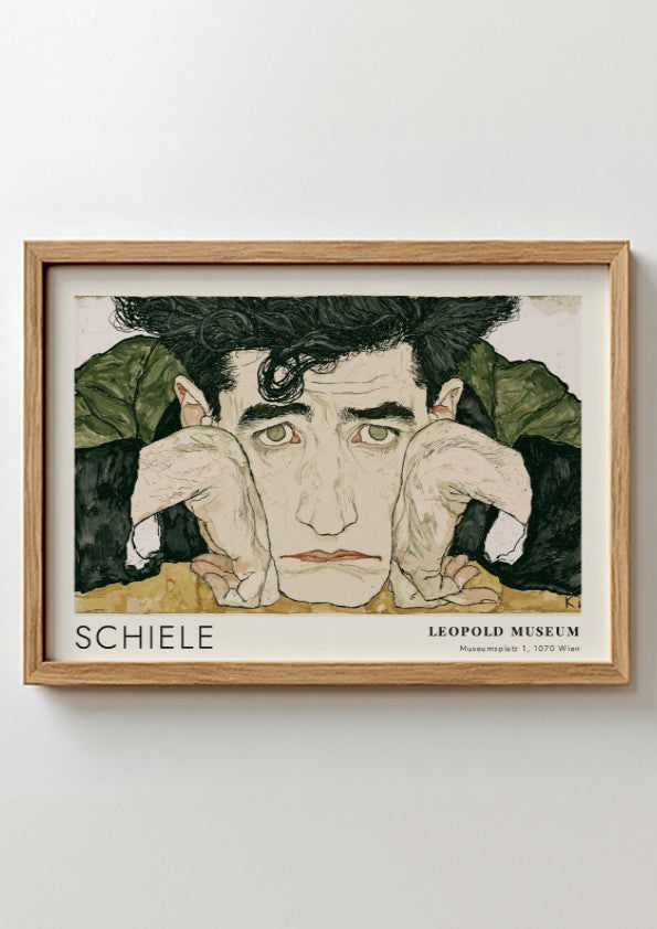 Wall art poster featuring Egon Schiele portrait with Leopold Museum text in wood frame