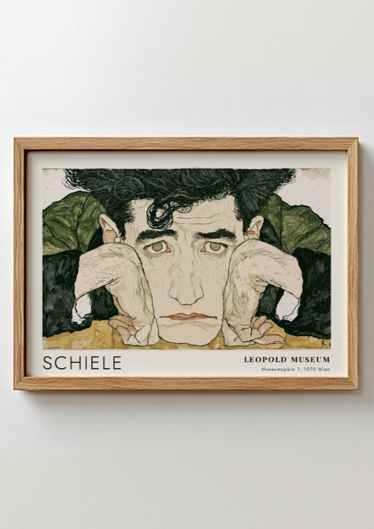 Wall art poster featuring Egon Schiele portrait with Leopold Museum text in wood frame