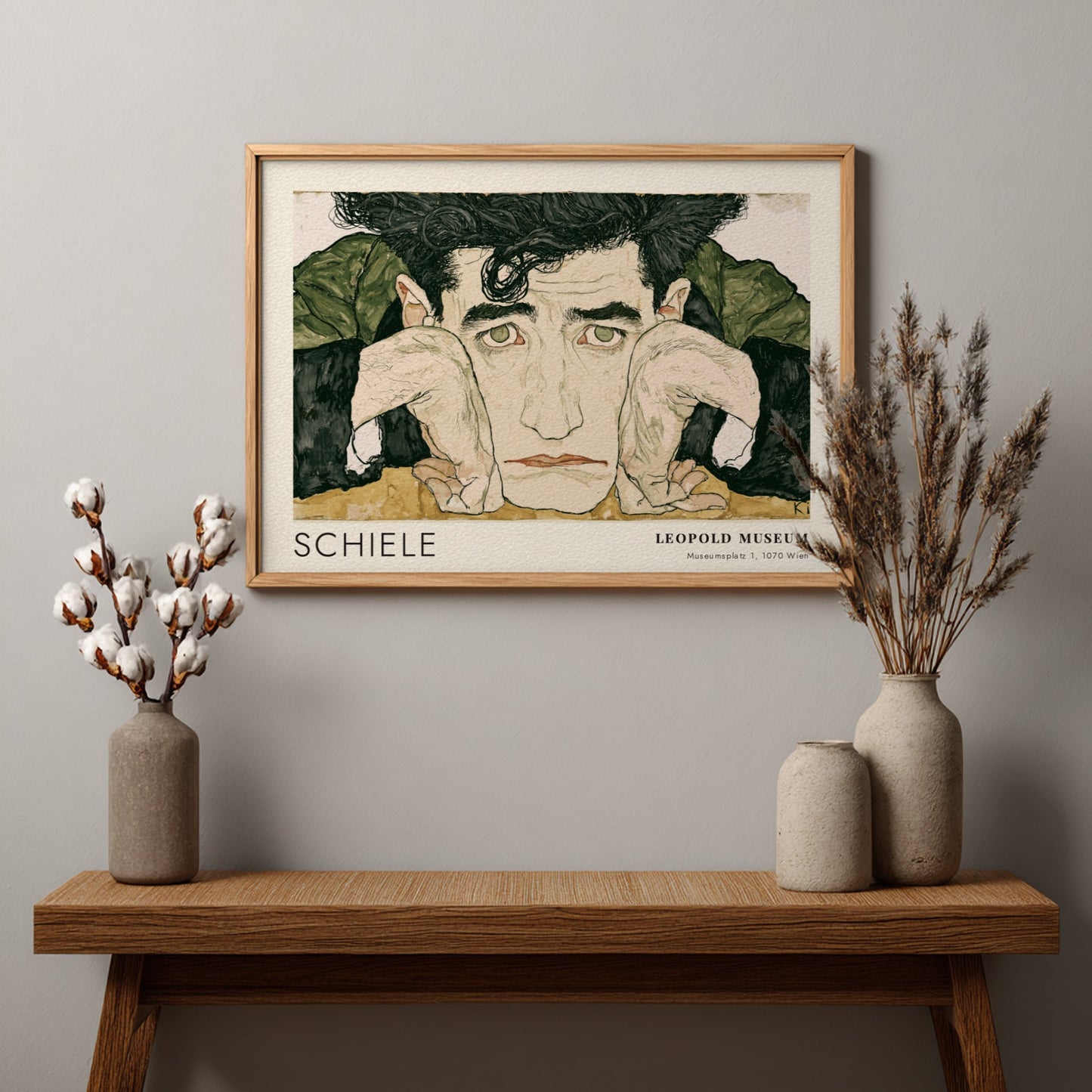 Wall art poster featuring Egon Schiele portrait with Leopold Museum text in wood frame