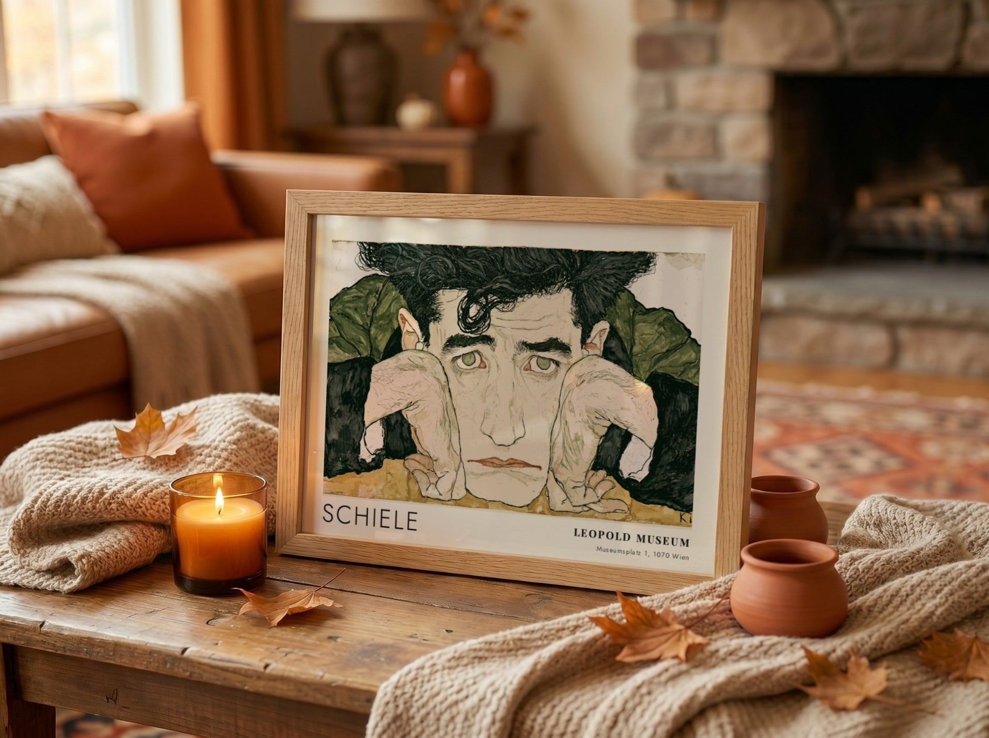 Wall art poster featuring Egon Schiele portrait with Leopold Museum text in wood frame