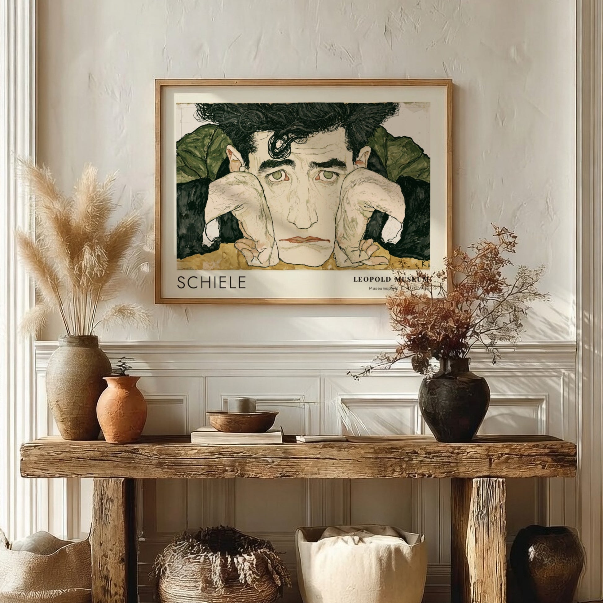 Wall art poster featuring Egon Schiele portrait with Leopold Museum text in wood frame