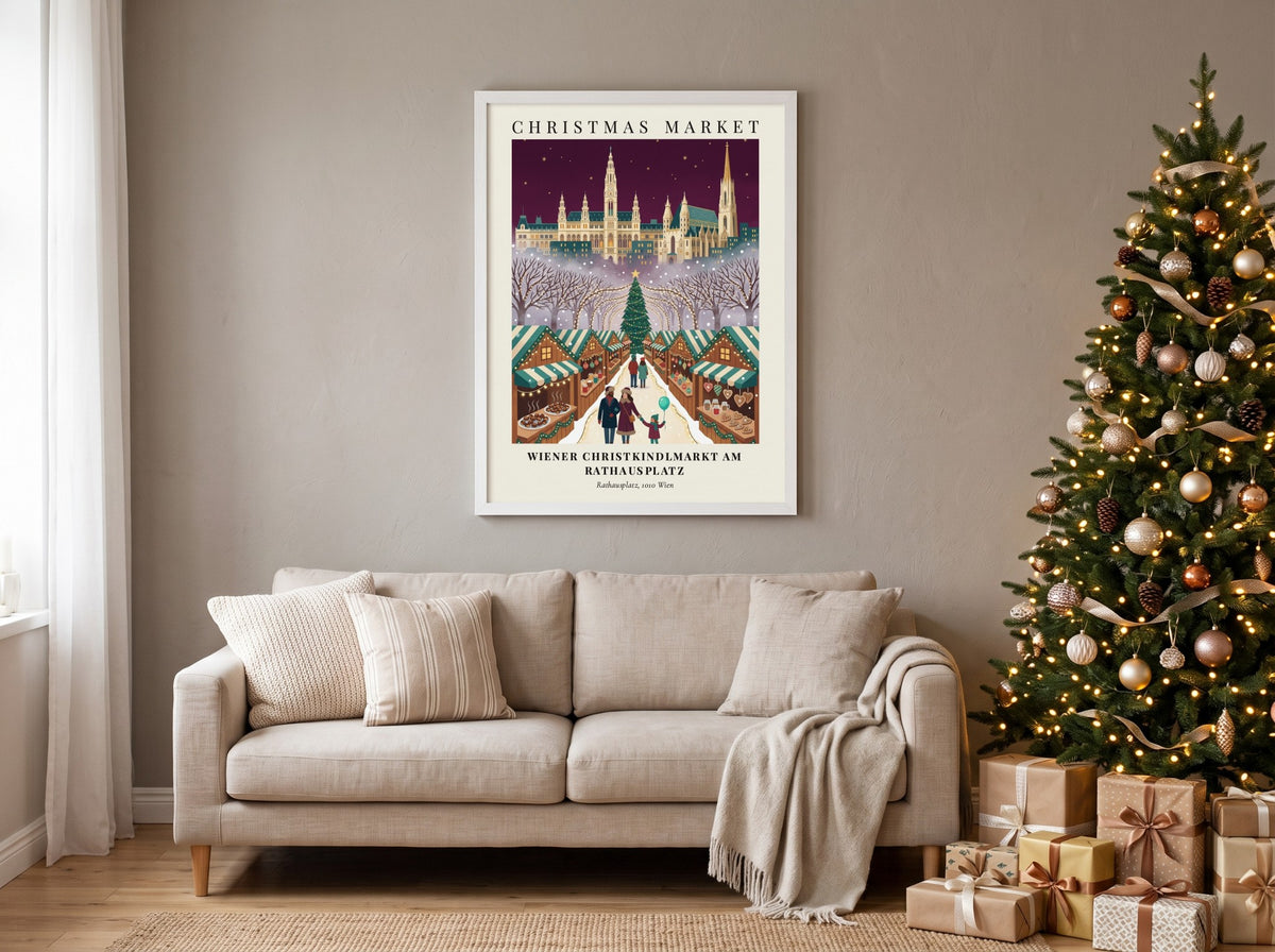 Christmas market poster showing the Vienna Rathausplatz with stalls, trees, and a family.
