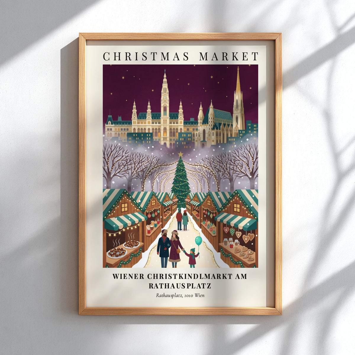 Christmas market poster showing the Vienna Rathausplatz with stalls, trees, and a family.