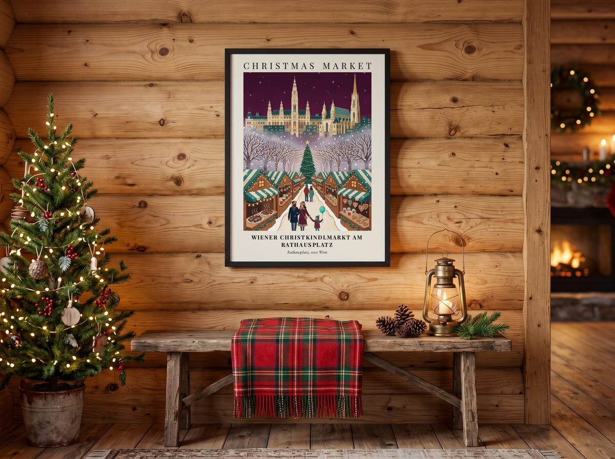 Christmas market poster showing the Vienna Rathausplatz with stalls, trees, and a family.