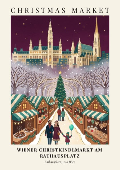 Christmas market poster showing the Vienna Rathausplatz with stalls, trees, and a family.