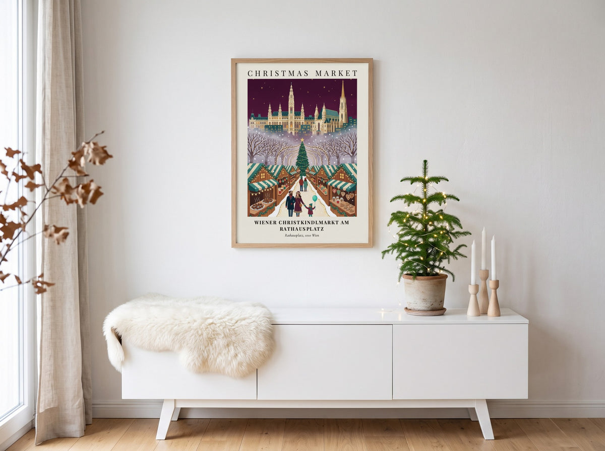 Christmas market poster showing the Vienna Rathausplatz with stalls, trees, and a family.