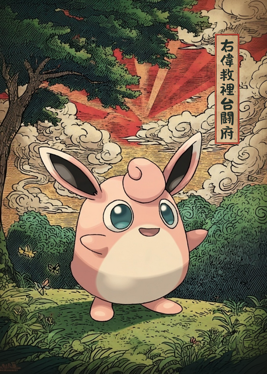Wigglytuff Pokemon in a Japanese-style landscape