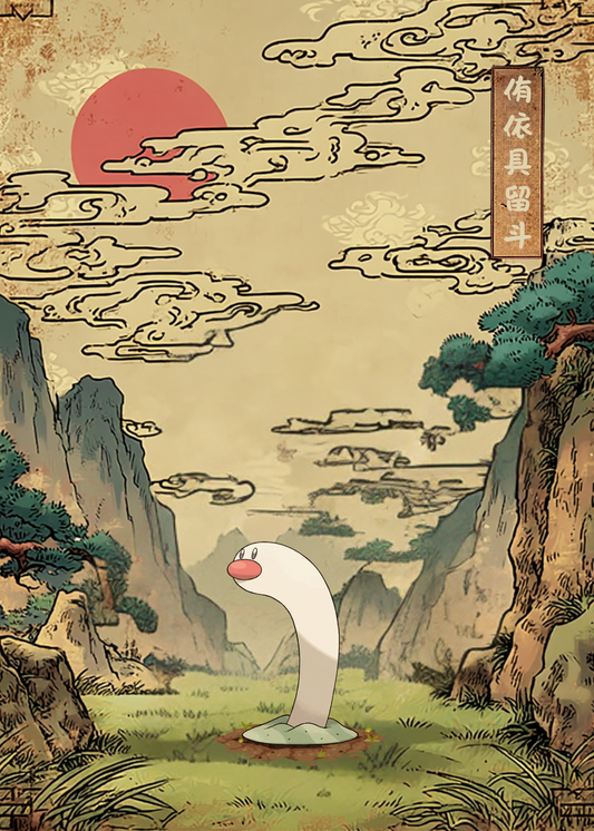 Wiglett Pokemon in a stylized landscape with mountains and a red sun.