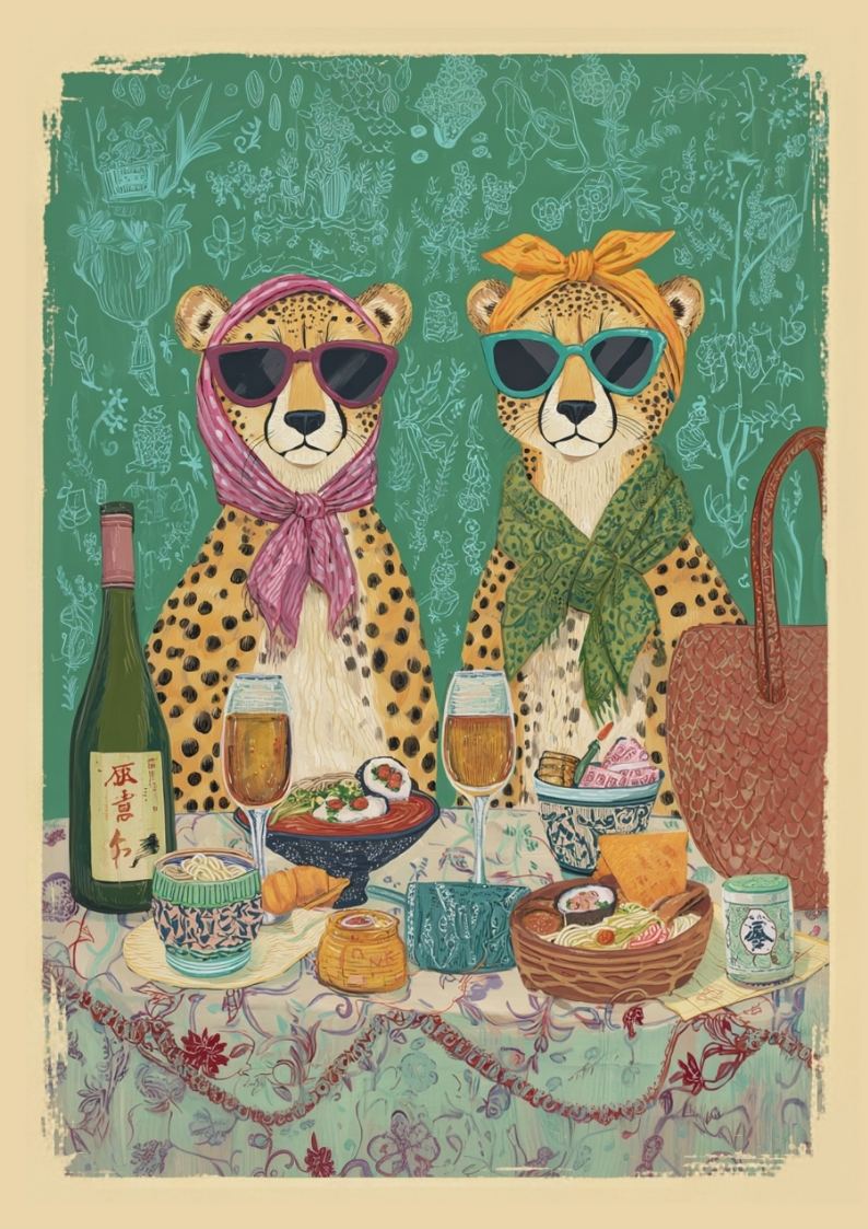 Cheetah Tea Party Poster – Vintage Japanese Cafe Art
