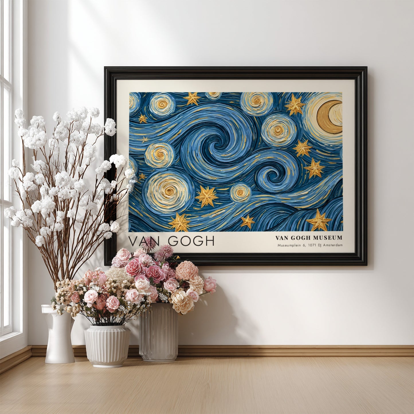Wildflower Meadow poster featuring swirling blue skies and golden stars in Van Gogh style