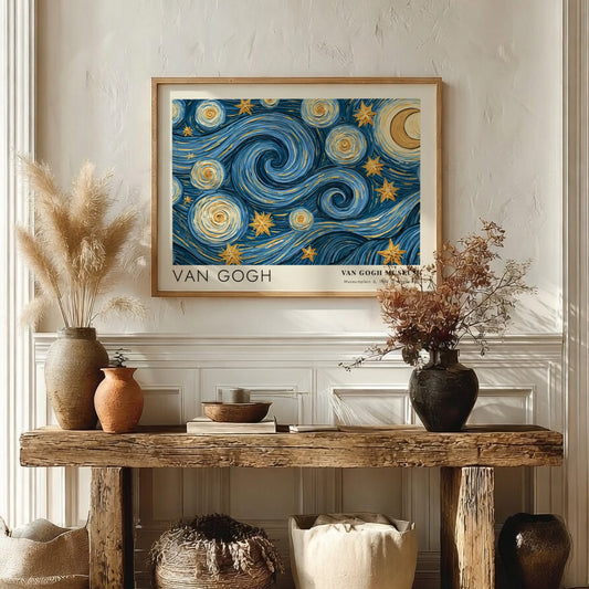 Wildflower Meadow poster featuring swirling blue skies and golden stars in Van Gogh style