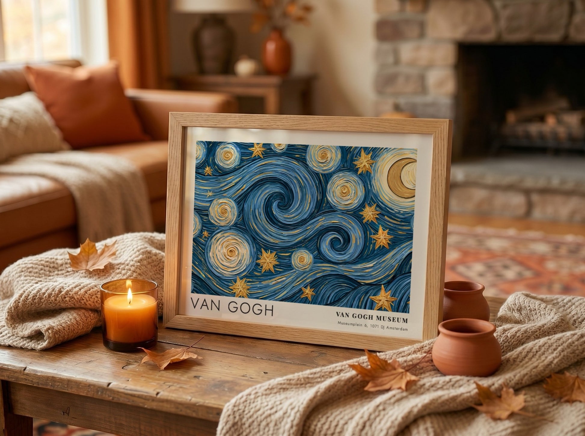 Wildflower Meadow poster featuring swirling blue skies and golden stars in Van Gogh style