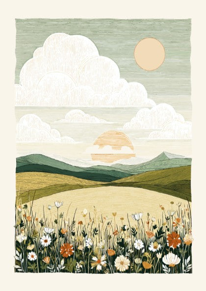 A textured art poster of a wildflower meadow with rolling hills and a soft sunset.
