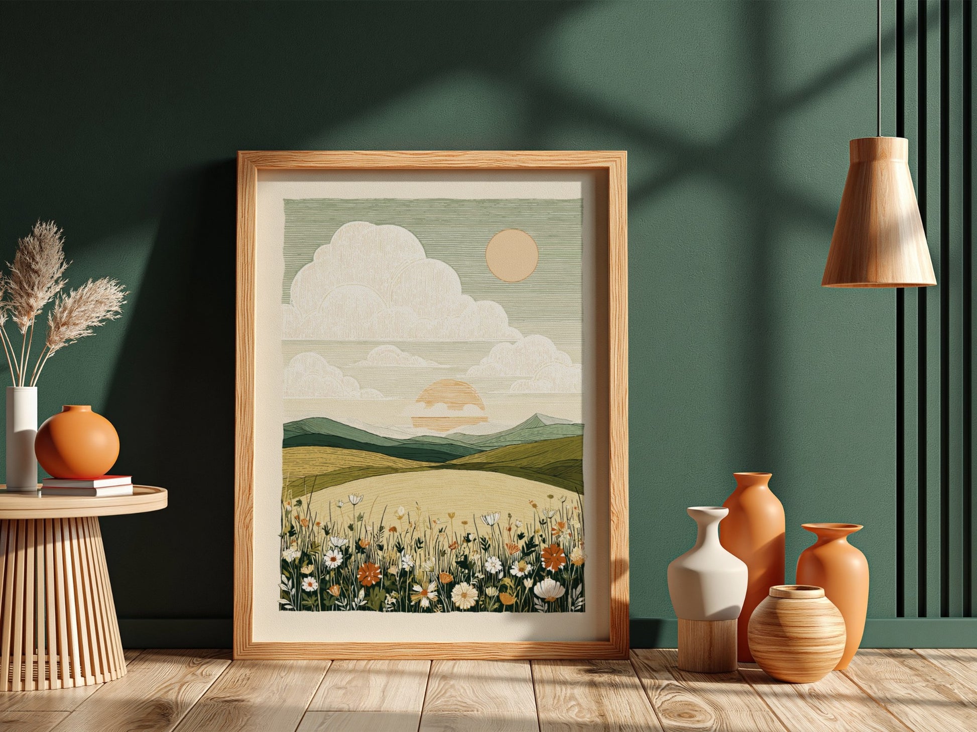A textured art poster of a wildflower meadow with rolling hills and a soft sunset.