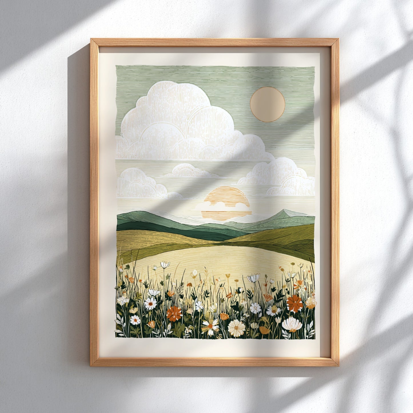 A textured art poster of a wildflower meadow with rolling hills and a soft sunset.