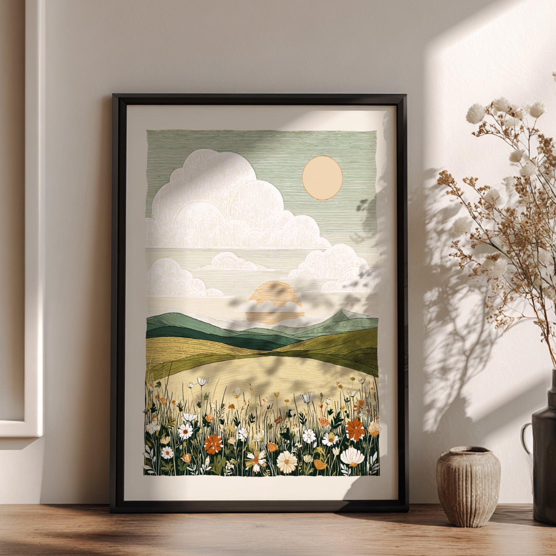 A textured art poster of a wildflower meadow with rolling hills and a soft sunset.