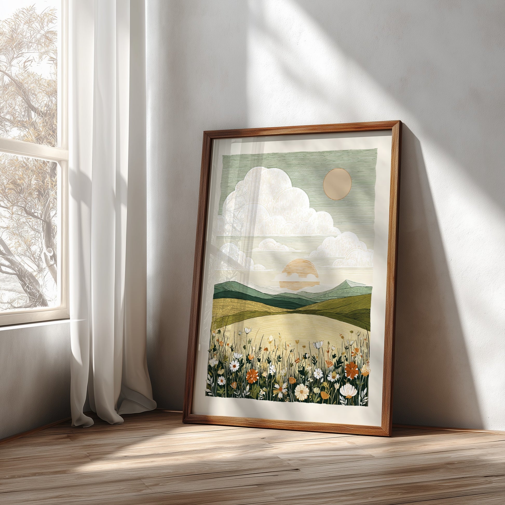 A textured art poster of a wildflower meadow with rolling hills and a soft sunset.